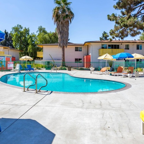 Relax and unwind poolside a swimming pool with umbrellas